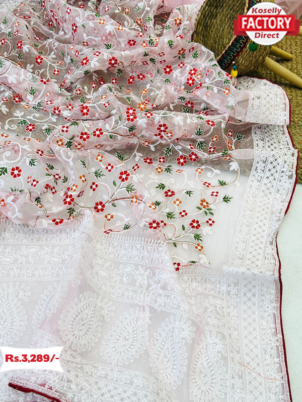 Baby Pink Pure Organza Chikankari Saree