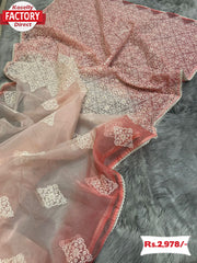 Peach Pure Organza Saree With Lucknowi Embroidery