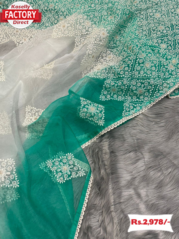 Sea Green Pure Organza Saree With Lucknowi Embroidery