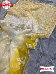 Yellow Pure Organza Saree With Lucknowi Embroidery