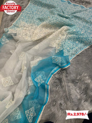 Sky Blue Pure Organza Saree With Lucknowi Embroidery
