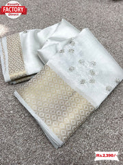 Off-White Cotton Embroidered Saree With Banarasi Border