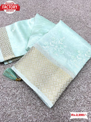 Sea Blue Cotton Embroidered Saree With Banarasi Border