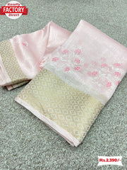 Pink Cotton Embroidered Saree With Banarasi Border