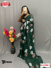 Green Pure Georgette Sequins Partywear Saree