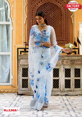 White Designer Handwork Organza Silk Saree