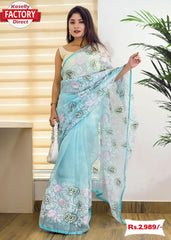 Sky Blue Pure Organza Lucknowi Chikankari Saree