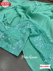 Firozi Crush Saree With Stitched Sequins Karachi Blouse