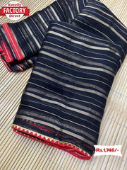 Navy Blue Pure Chiffon Zari Striped Saree