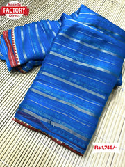 Royal Blue Pure Chiffon Zari Striped Saree