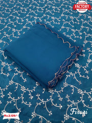 Firozi Blue Pure Georgette Saree With Embroidered Blouse