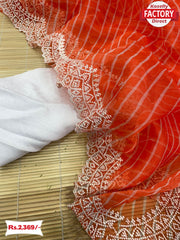 Orange Organza Leheriya Saree With Embroidery