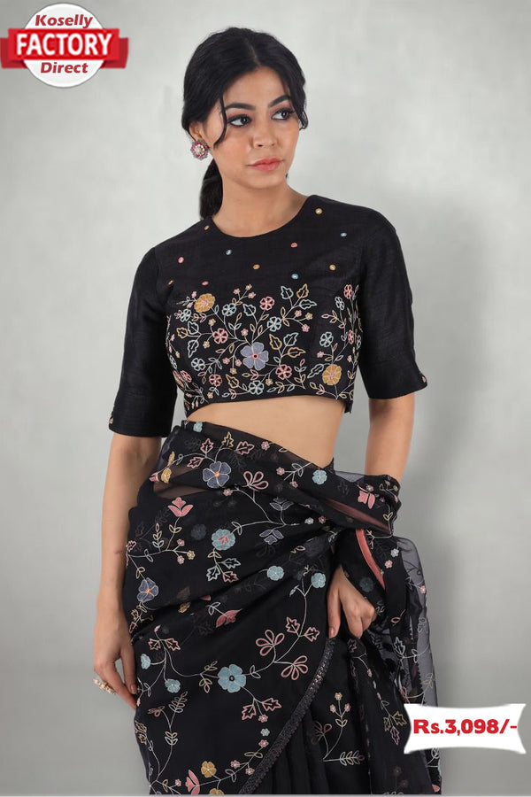 Black Premium Georgette Embroidered Partywear Saree