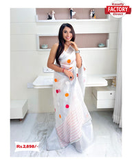 White Pure Organza Polka Dot Saree