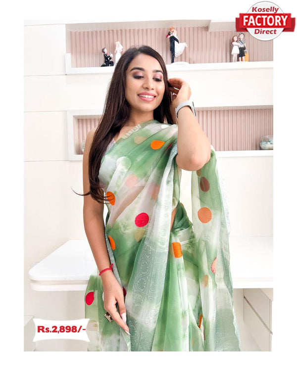Green Shibori Pure Organza Polka Dot Saree