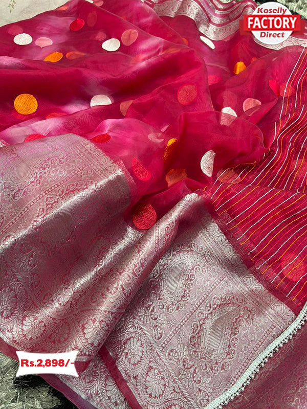 Pink Shibori Pure Organza Polka Dot Saree
