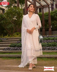 White Designer Georgette Suit With Organza Dupatta