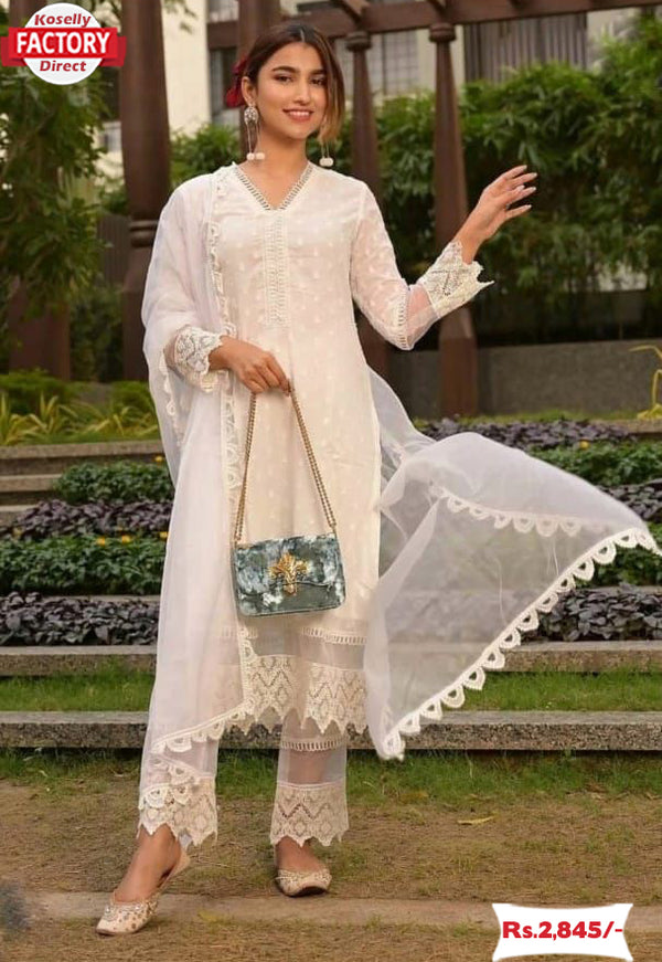 White Designer Georgette Suit With Organza Dupatta