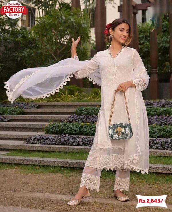 White Designer Georgette Suit With Organza Dupatta