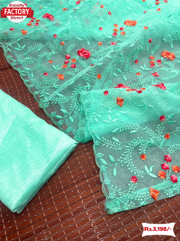 Green Embroidered Pure Organza Partywear Saree