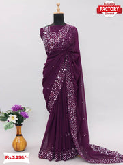 Wine Georgette Real Mirror Worked Saree
