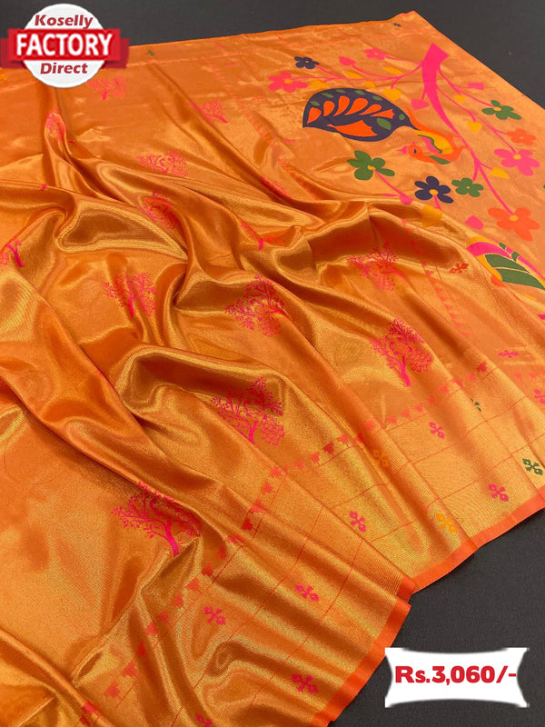 Orange Handloom Paithani Silk Saree
