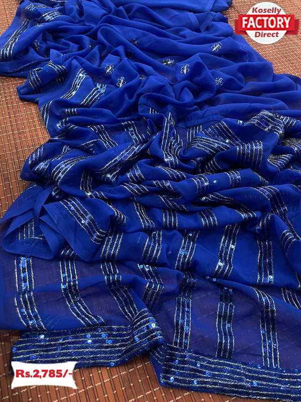Royal Blue Pure Blooming Georgette Partywear Saree