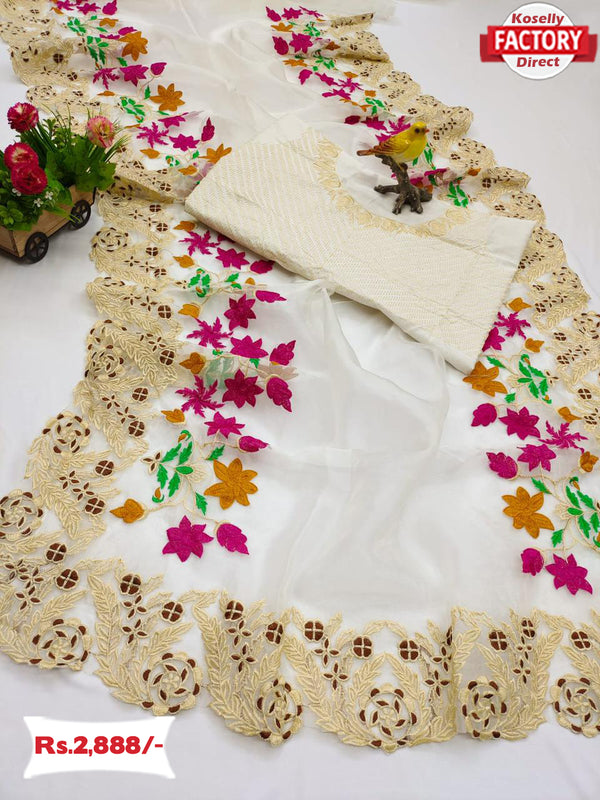 Designer White Fancy Embroidery Saree