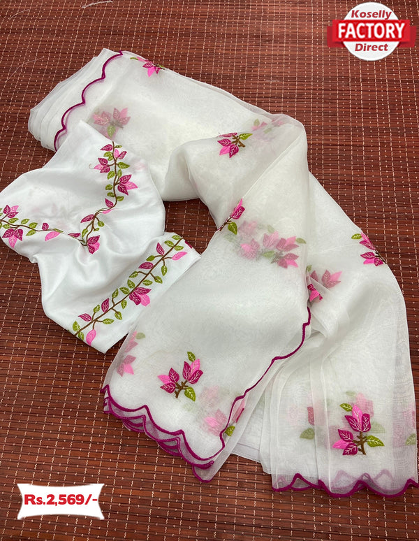 White Pure Soft Organza Embroidered Saree