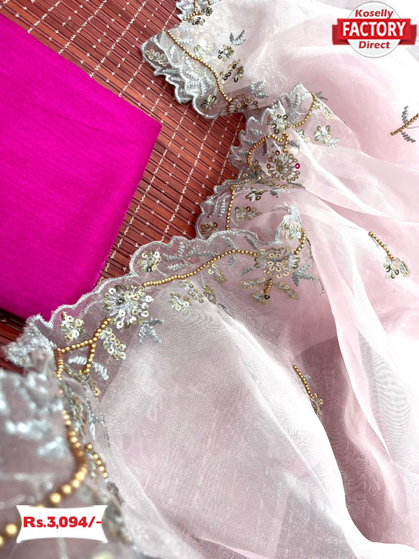 Pink Pure Organza Silk Saree With Handwork