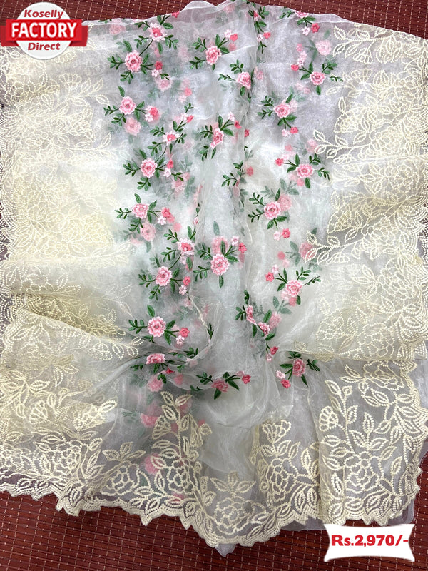 White Pure Organza Embroidered Saree