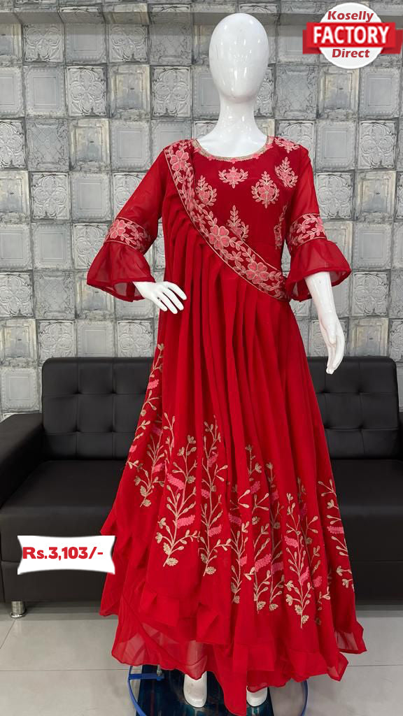 Red Embroidered Gown with Designer Dupatta