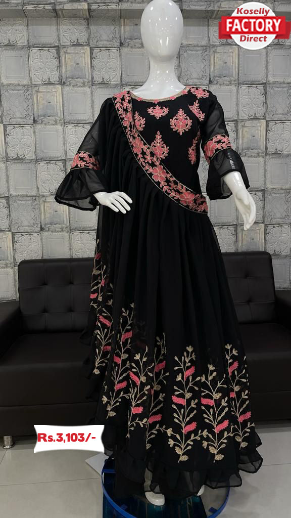 Black Embroidered Gown with Designer Dupatta
