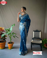 Steel Blue Pure Banarasi Silk Saree