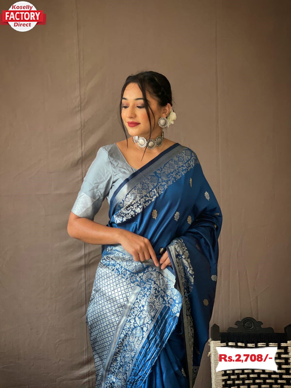 Steel Blue Pure Banarasi Silk Saree