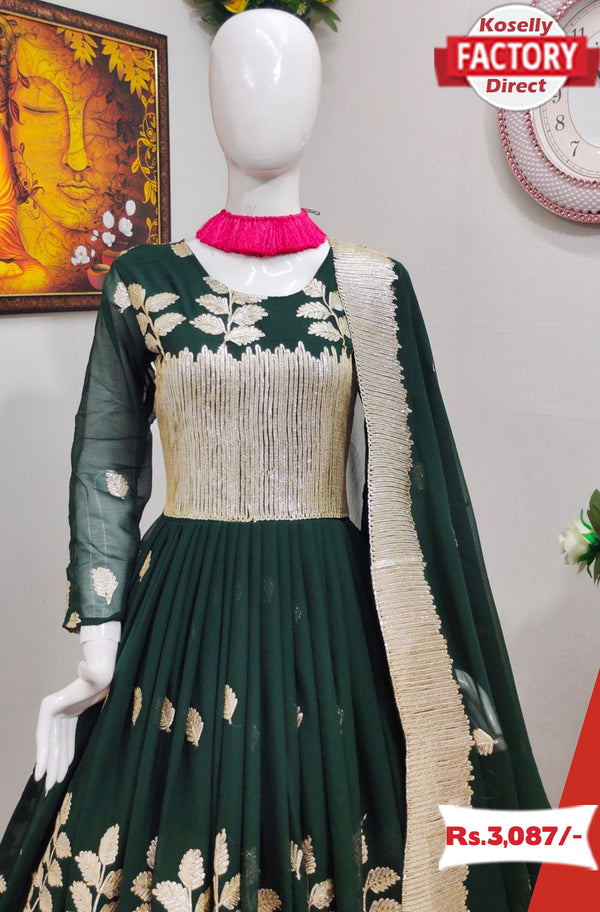 Green Embroidered Partywear Gown with Dupatta