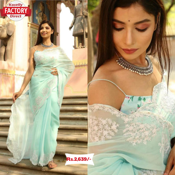 Soft Cyan Georgette Embroidered Saree