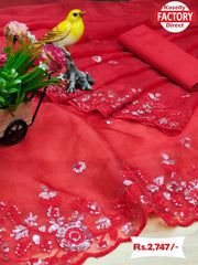 Red Silver Sequins Pure Organza Saree