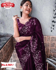 Wine Silver Sequins Pure Organza Saree