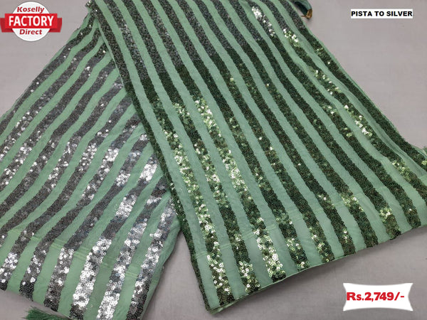 Pista and Silver Sequins Stripes Soft Net Partywear Saree