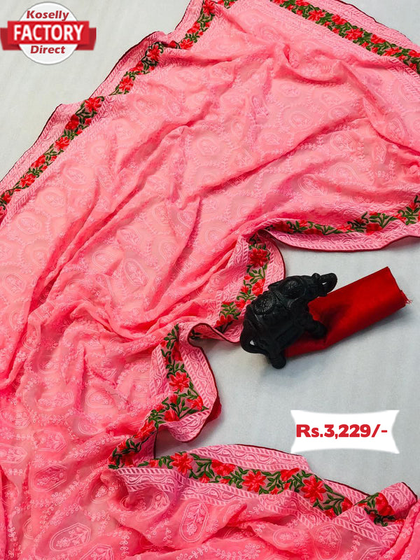 Pink Soft Georgette Kashmiri Work Partywear Saree