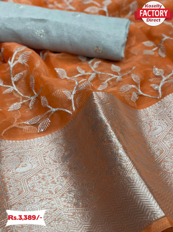 Orange Sequins Worked Organza Silk Partywear Saree