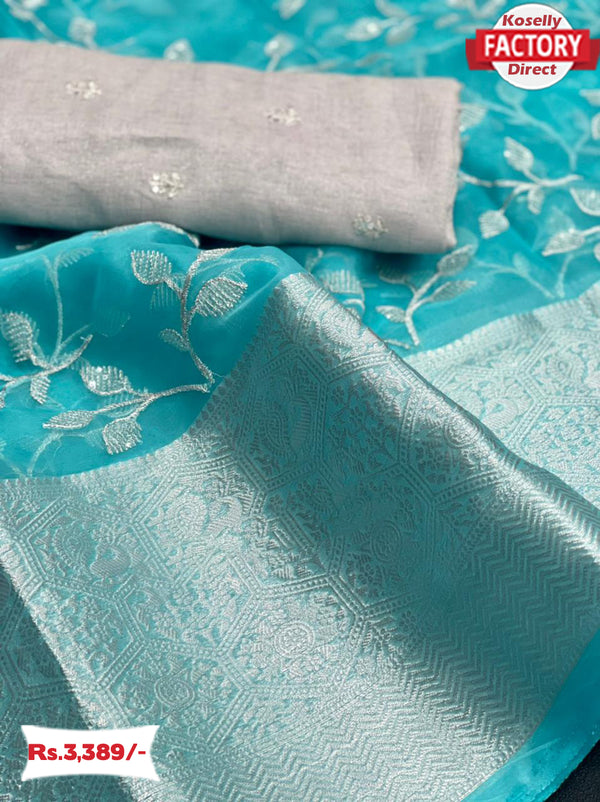 Sky Blue Sequins Worked Organza Silk Partywear Saree