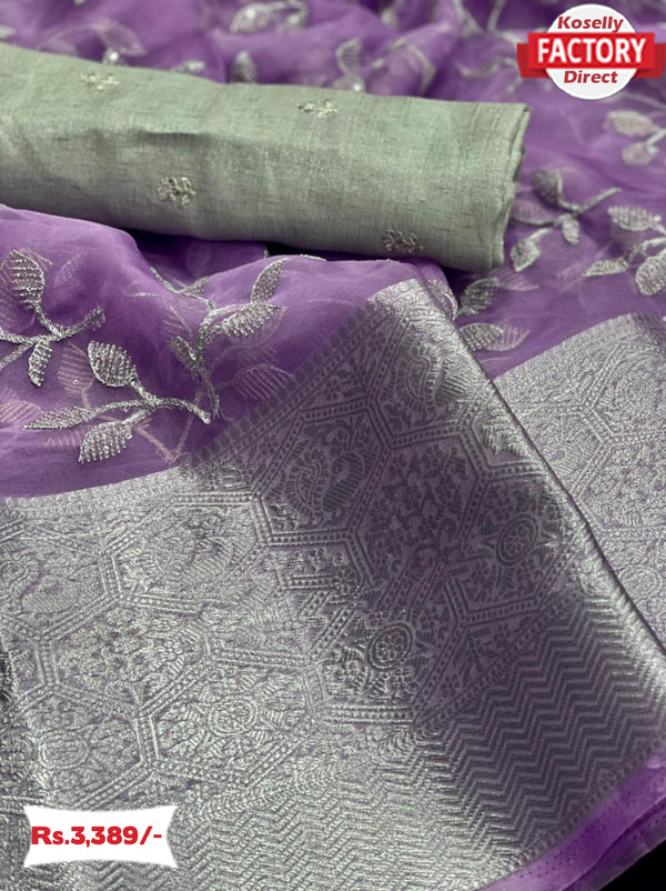 Lavender Sequins Worked Organza Silk Partywear Saree