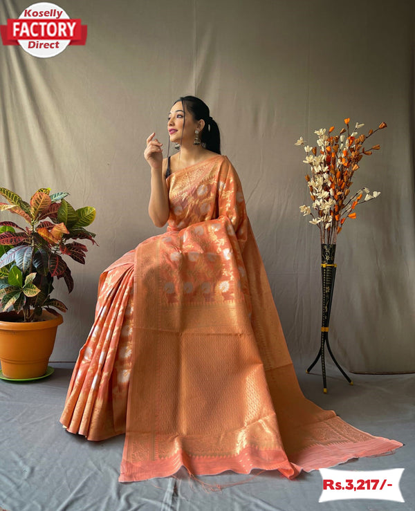 Cantaloupe Linen Tissue Saree With Embroidery