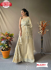 Off-White Linen Tissue Saree With Embroidery