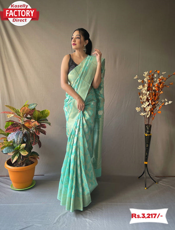 Sky Blue Linen Tissue Saree With Embroidery