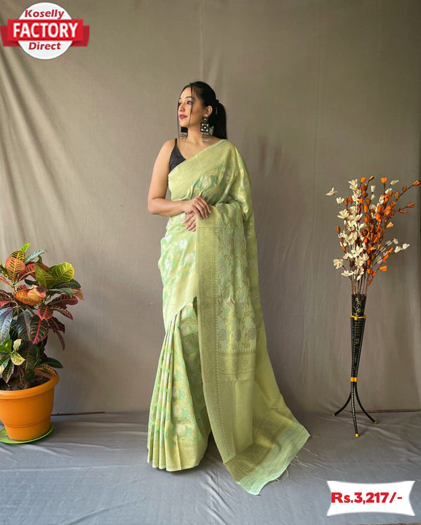 Pista Green Linen Tissue Saree With Embroidery