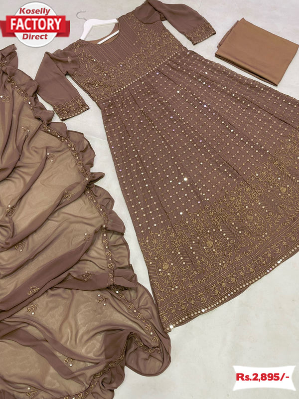 Chocolate Brown Embroidered Partywear Gown with Dupatta