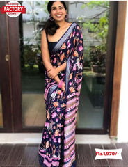 Navy Blue Linen Floral Saree